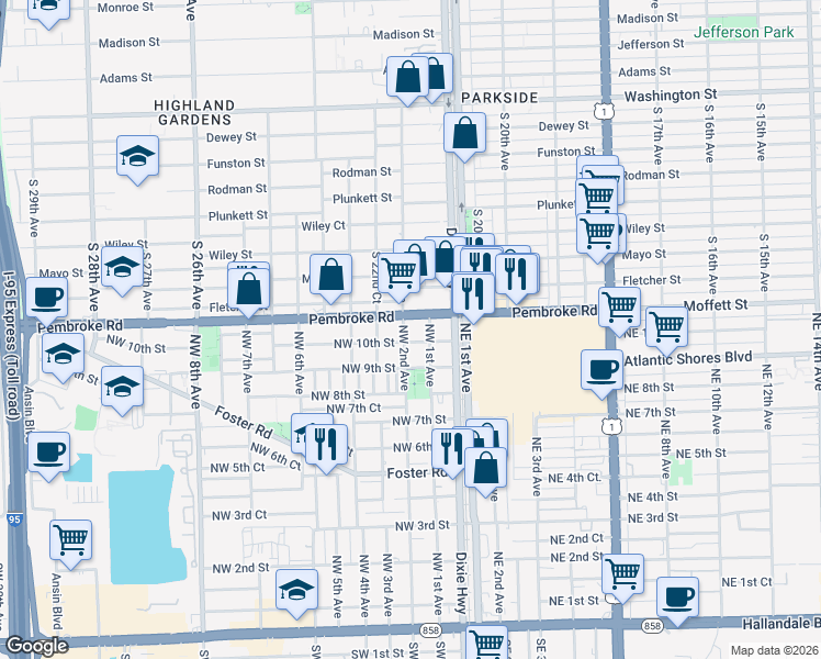 map of restaurants, bars, coffee shops, grocery stores, and more near 1696 South 22nd Avenue in Hollywood