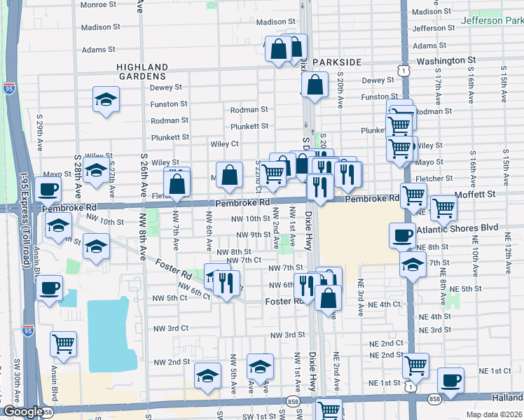 map of restaurants, bars, coffee shops, grocery stores, and more near 1696 South 22nd Avenue in Hollywood