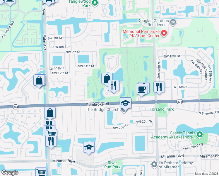 map of restaurants, bars, coffee shops, grocery stores, and more near 9623 South Hollybrook Lake Drive in Pembroke Pines
