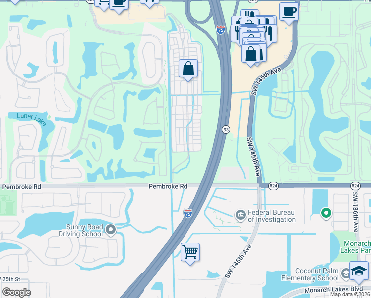 map of restaurants, bars, coffee shops, grocery stores, and more near 1425 Southwest 147th Terrace in Pembroke Pines