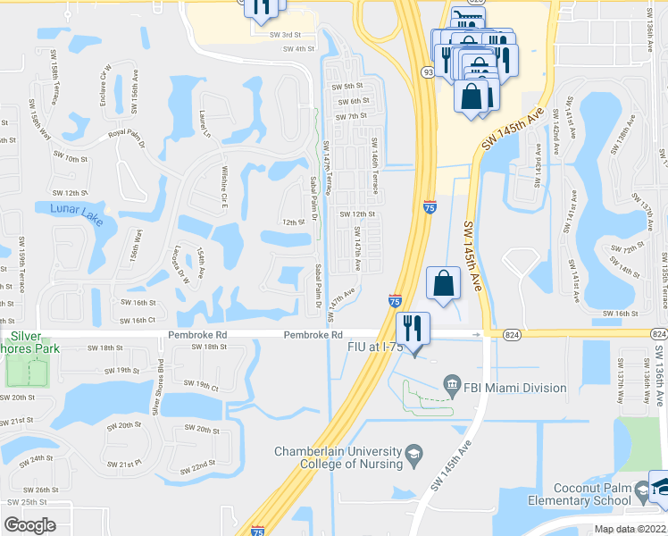 map of restaurants, bars, coffee shops, grocery stores, and more near 1425 Southwest 147th Terrace in Pembroke Pines