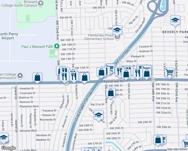 map of restaurants, bars, coffee shops, grocery stores, and more near 6820 Southwest 16th Street in Pembroke Pines