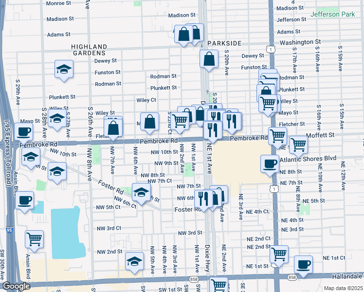 map of restaurants, bars, coffee shops, grocery stores, and more near 1696 South 22nd Avenue in Hollywood