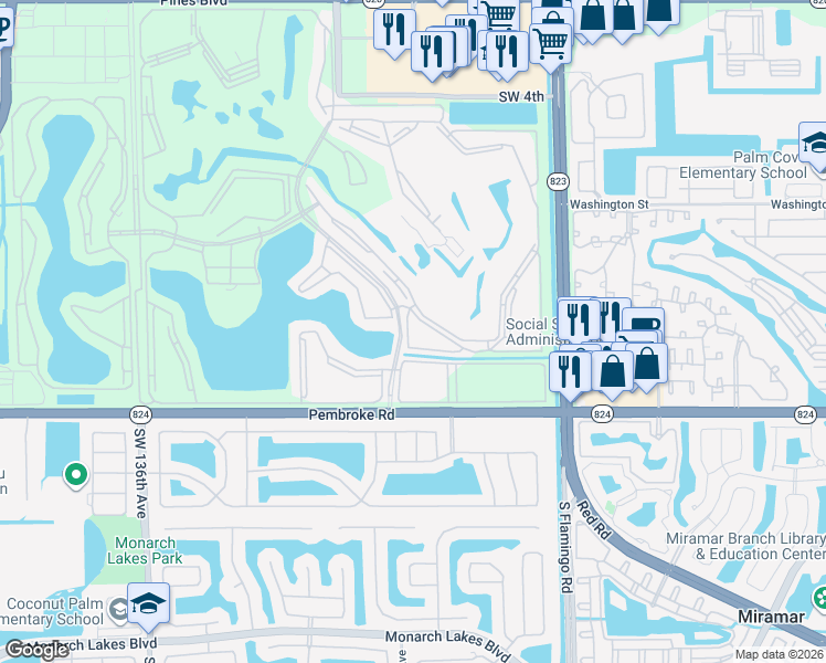 map of restaurants, bars, coffee shops, grocery stores, and more near 1401 Southwest 128th Terrace in Pembroke Pines