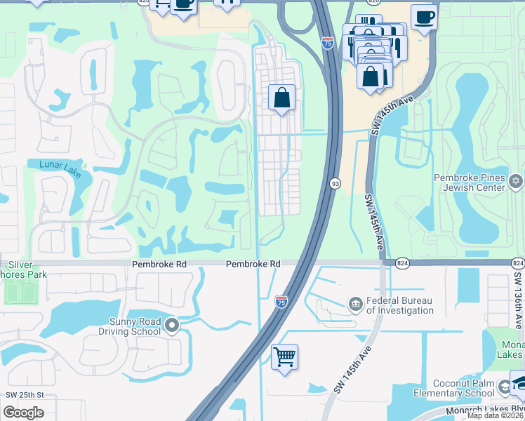 map of restaurants, bars, coffee shops, grocery stores, and more near 1425 Southwest 147th Terrace in Pembroke Pines