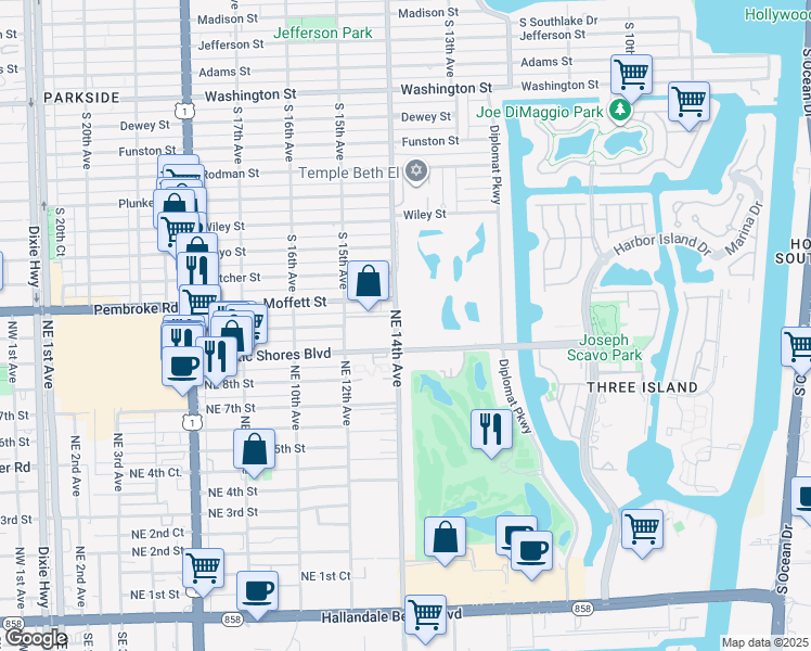 map of restaurants, bars, coffee shops, grocery stores, and more near 950 Northeast 14th Avenue in Hallandale Beach