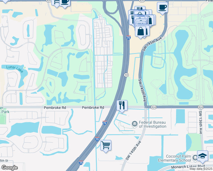 map of restaurants, bars, coffee shops, grocery stores, and more near 1517 Southwest 147th Avenue in Pembroke Pines