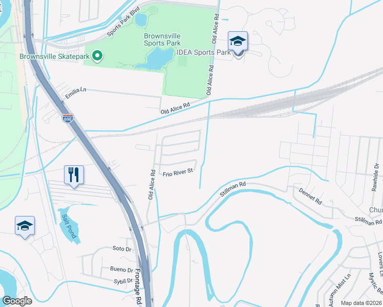 map of restaurants, bars, coffee shops, grocery stores, and more near 6053-6057 Blanco River Street in Brownsville