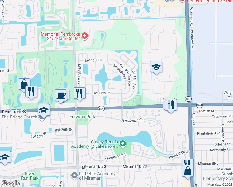 map of restaurants, bars, coffee shops, grocery stores, and more near 8610 Southwest 14th Court in Pembroke Pines