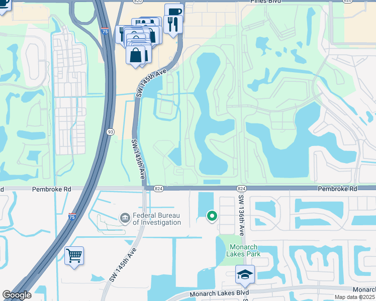 map of restaurants, bars, coffee shops, grocery stores, and more near 1301 Southwest 142nd Avenue in Pembroke Pines