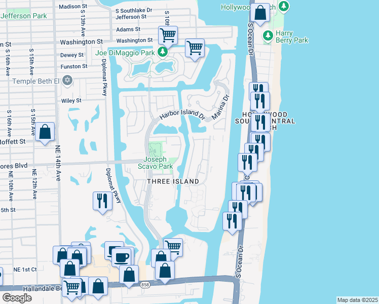 map of restaurants, bars, coffee shops, grocery stores, and more near 934 Northeast 25th Avenue in Hallandale Beach