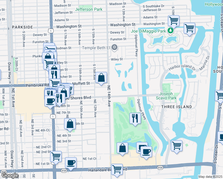 map of restaurants, bars, coffee shops, grocery stores, and more near 950 Northeast 14th Avenue in Hallandale Beach