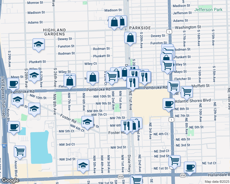map of restaurants, bars, coffee shops, grocery stores, and more near 1696 South 22nd Avenue in Hollywood