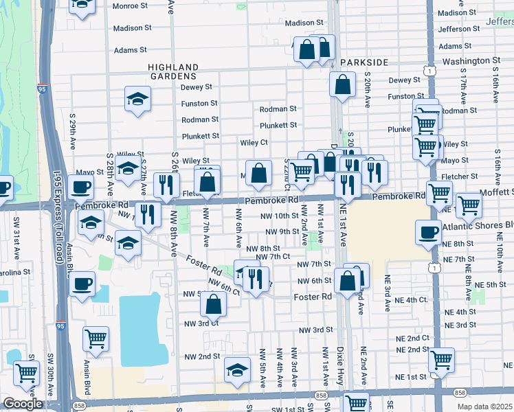 map of restaurants, bars, coffee shops, grocery stores, and more near 2329 Pembroke Road in Hollywood