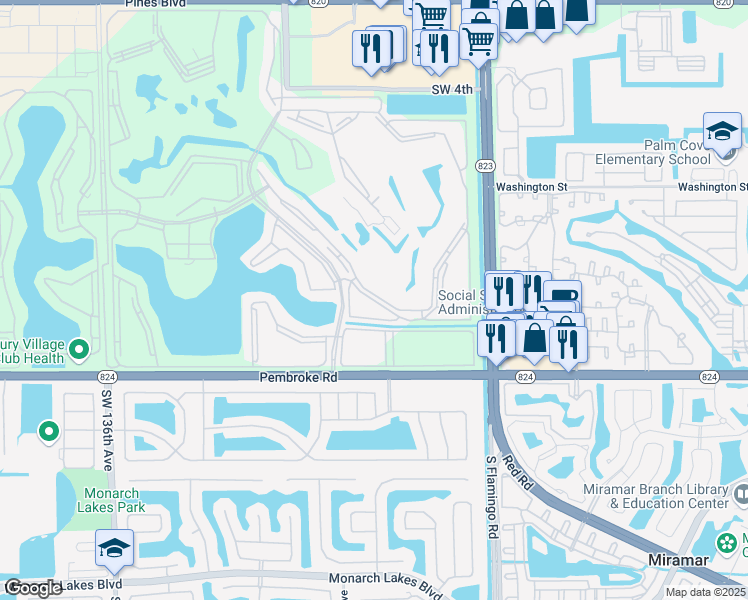 map of restaurants, bars, coffee shops, grocery stores, and more near 12701 Southwest 13th Street in Pembroke Pines