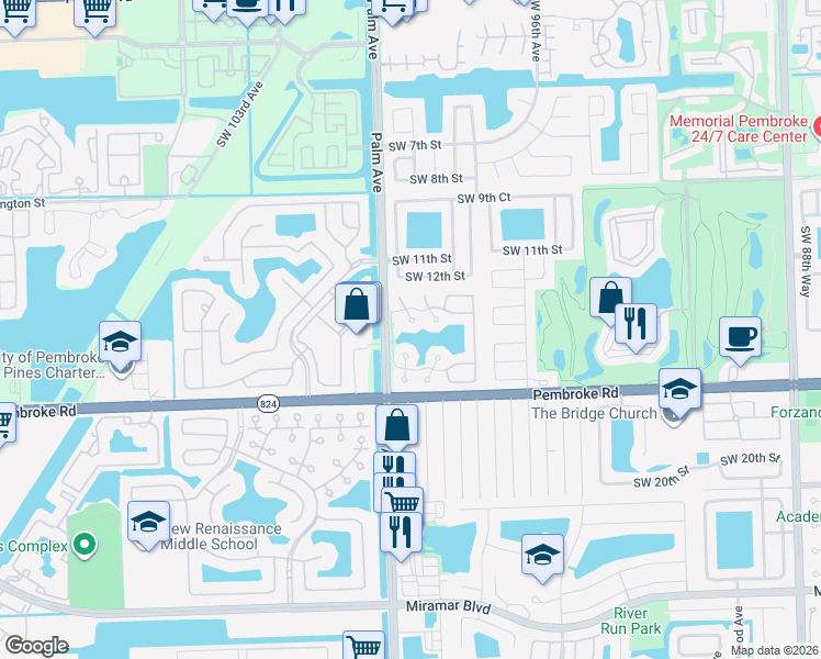 map of restaurants, bars, coffee shops, grocery stores, and more near 10032 Southwest 14th Street in Pembroke Pines