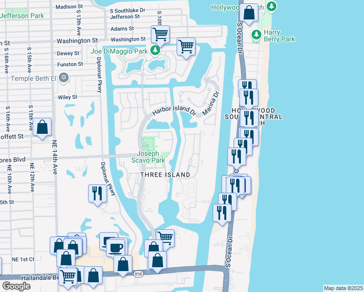 map of restaurants, bars, coffee shops, grocery stores, and more near 934 Northeast 25th Avenue in Hallandale Beach