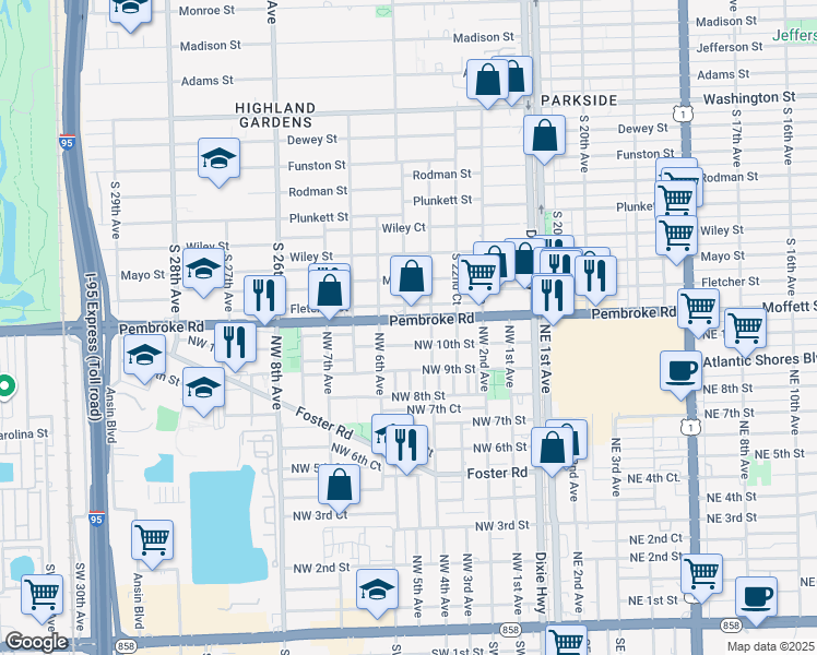 map of restaurants, bars, coffee shops, grocery stores, and more near 2329 Pembroke Road in Hollywood