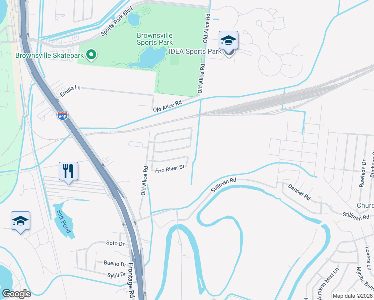 map of restaurants, bars, coffee shops, grocery stores, and more near 6074 Blanco River Street in Brownsville