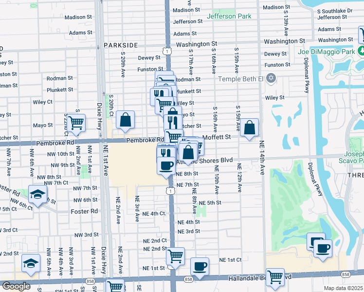 map of restaurants, bars, coffee shops, grocery stores, and more near 616 Moffett Street in Hallandale Beach