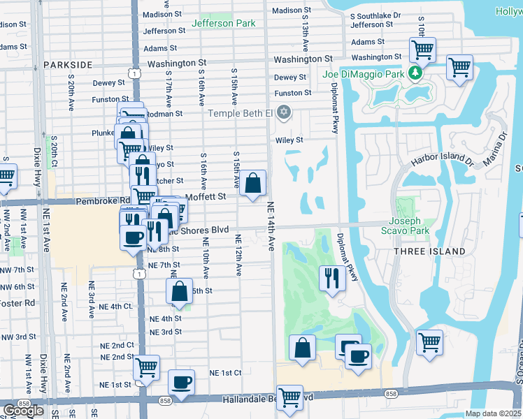map of restaurants, bars, coffee shops, grocery stores, and more near 950 Northeast 14th Avenue in Hallandale Beach