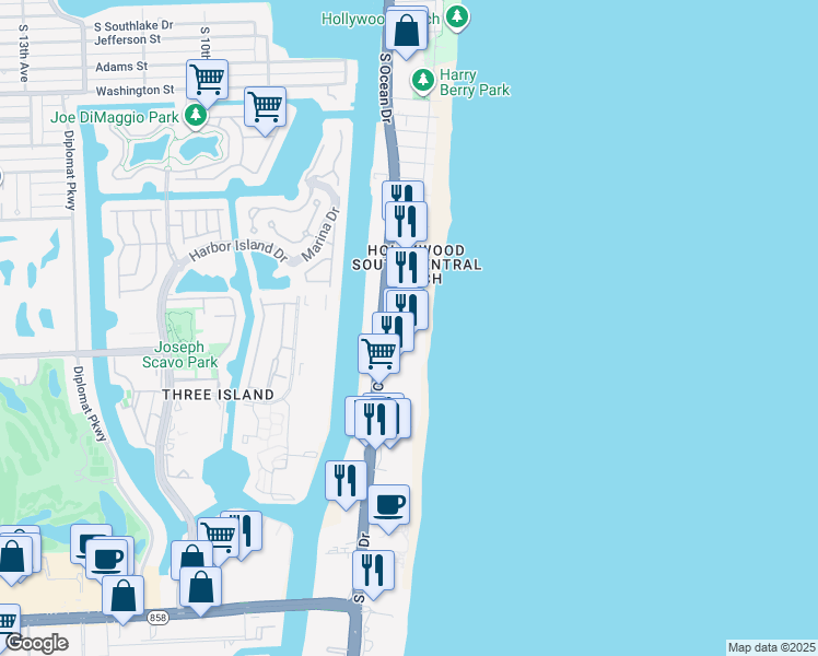 map of restaurants, bars, coffee shops, grocery stores, and more near 2501 South Ocean Drive in Hollywood