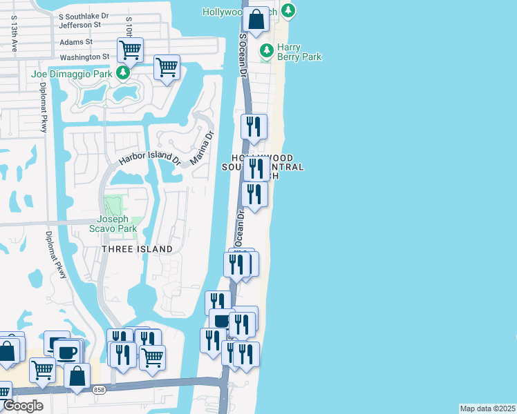 map of restaurants, bars, coffee shops, grocery stores, and more near 2501 South Ocean Drive in Hollywood