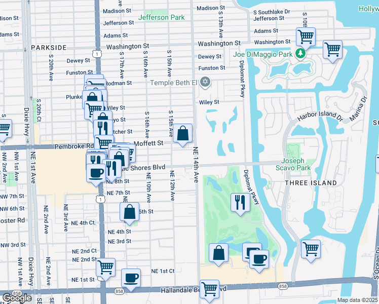 map of restaurants, bars, coffee shops, grocery stores, and more near 950 Northeast 14th Avenue in Hallandale Beach