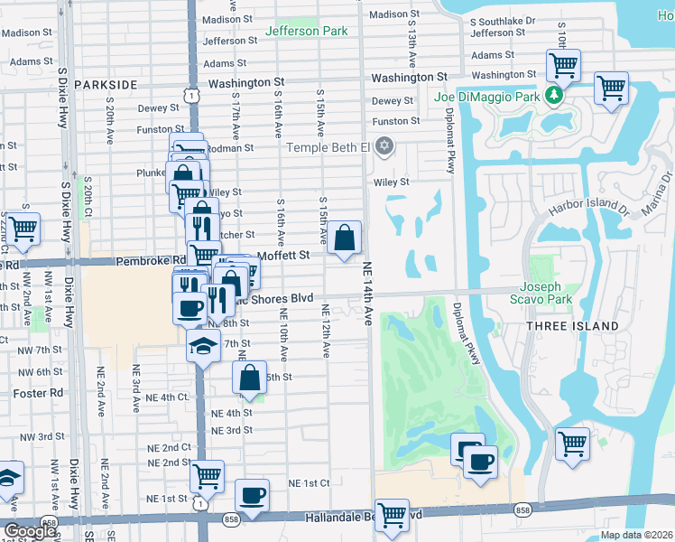 map of restaurants, bars, coffee shops, grocery stores, and more near 1300 Moffett Street in Hallandale Beach