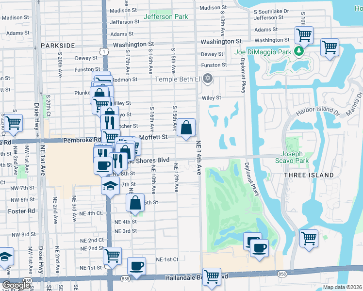 map of restaurants, bars, coffee shops, grocery stores, and more near 1300 Moffett Street in Hallandale Beach