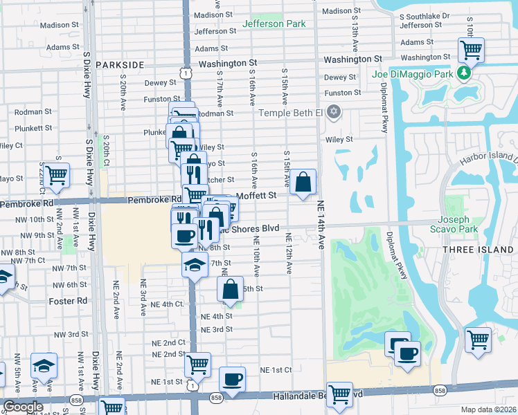 map of restaurants, bars, coffee shops, grocery stores, and more near 924 Moffett Street in Hallandale Beach