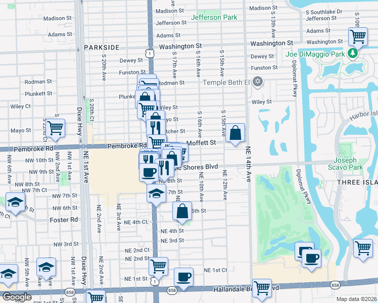 map of restaurants, bars, coffee shops, grocery stores, and more near 924 Moffett Street in Hallandale Beach