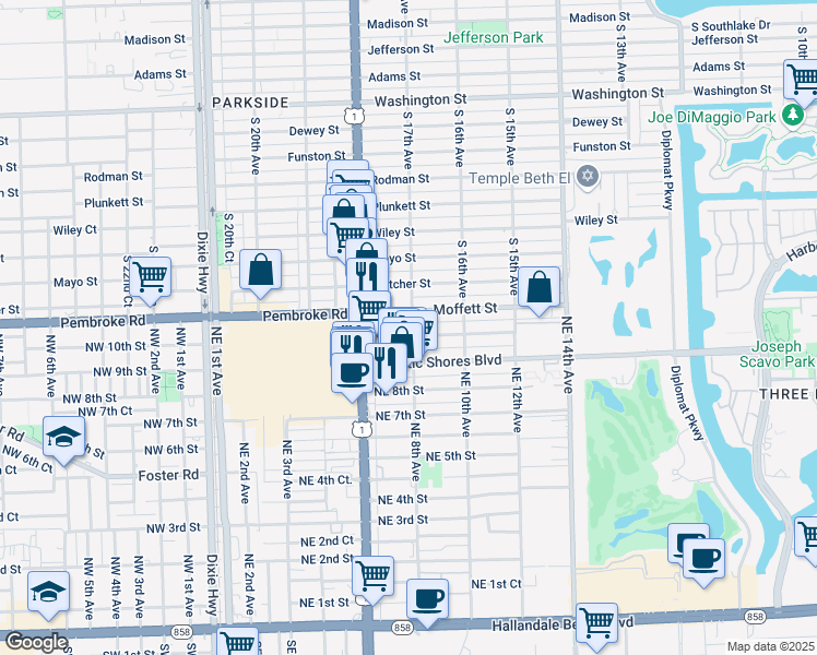 map of restaurants, bars, coffee shops, grocery stores, and more near 800 Moffett Street in Hallandale Beach