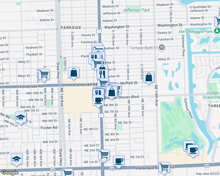 map of restaurants, bars, coffee shops, grocery stores, and more near 616 Moffett Street in Hallandale Beach
