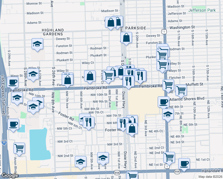 map of restaurants, bars, coffee shops, grocery stores, and more near 1696 South 22nd Avenue in Hollywood