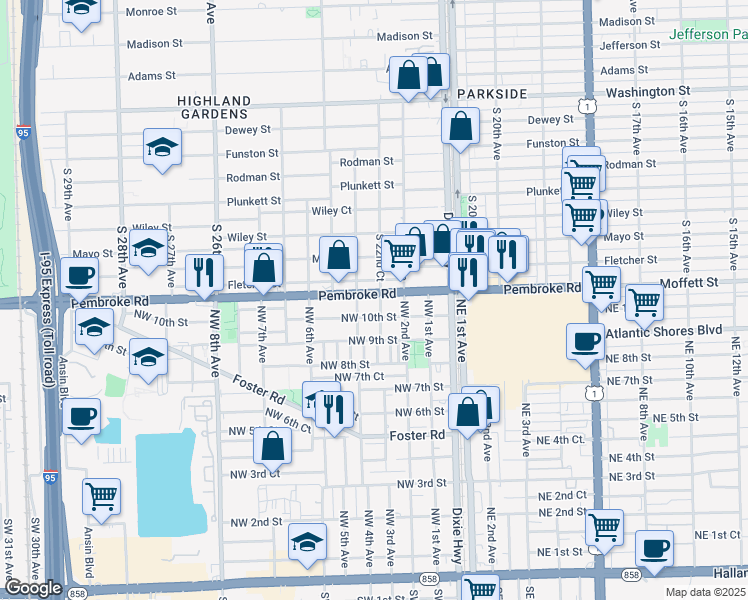 map of restaurants, bars, coffee shops, grocery stores, and more near 2245 Pembroke Road in Hollywood