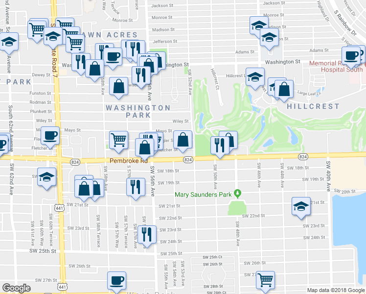 map of restaurants, bars, coffee shops, grocery stores, and more near 5224 Flagler Street in Hollywood