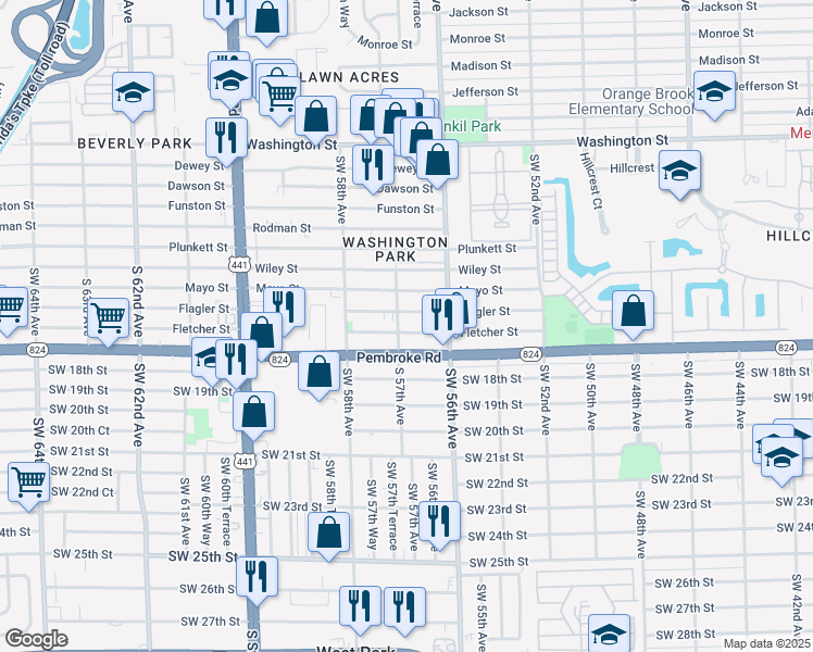map of restaurants, bars, coffee shops, grocery stores, and more near 5680 Flagler Street in Hollywood