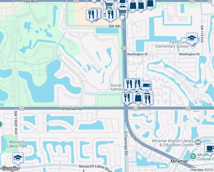 map of restaurants, bars, coffee shops, grocery stores, and more near 1300 Southwest 125th Avenue in Pembroke Pines
