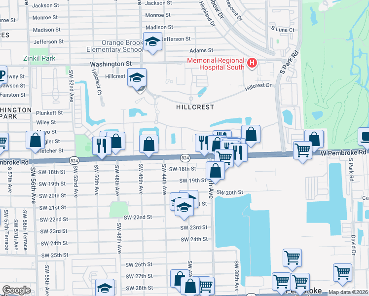 map of restaurants, bars, coffee shops, grocery stores, and more near 3500 Pembroke Road in Hollywood