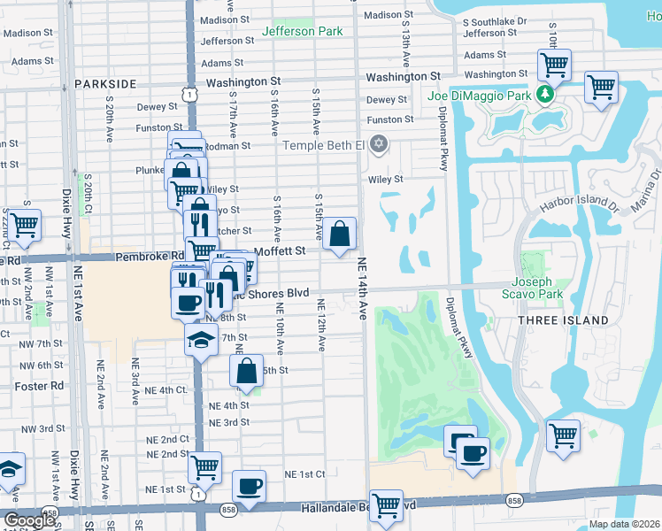 map of restaurants, bars, coffee shops, grocery stores, and more near 1000 Northeast 12th Avenue in Hallandale Beach