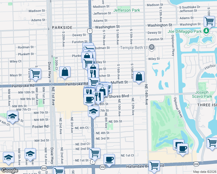map of restaurants, bars, coffee shops, grocery stores, and more near 800 Moffett Street in Hallandale Beach