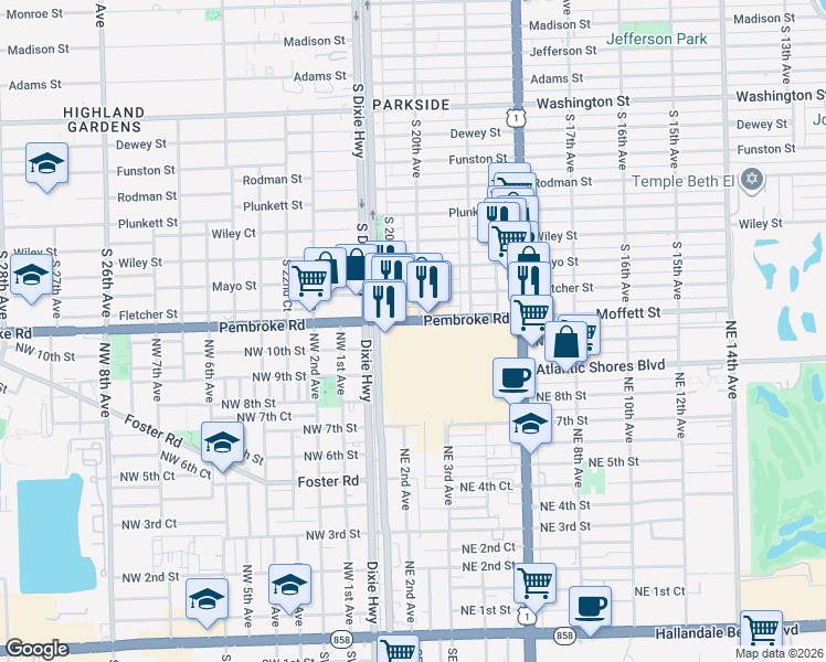 map of restaurants, bars, coffee shops, grocery stores, and more near 1910 Pembroke Road in Hallandale Beach