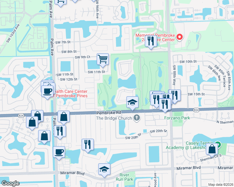 map of restaurants, bars, coffee shops, grocery stores, and more near 9823 South Hollybrook Lake Drive in Pembroke Pines