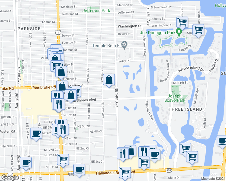 map of restaurants, bars, coffee shops, grocery stores, and more near 1001 Northeast 14th Avenue in Hallandale Beach