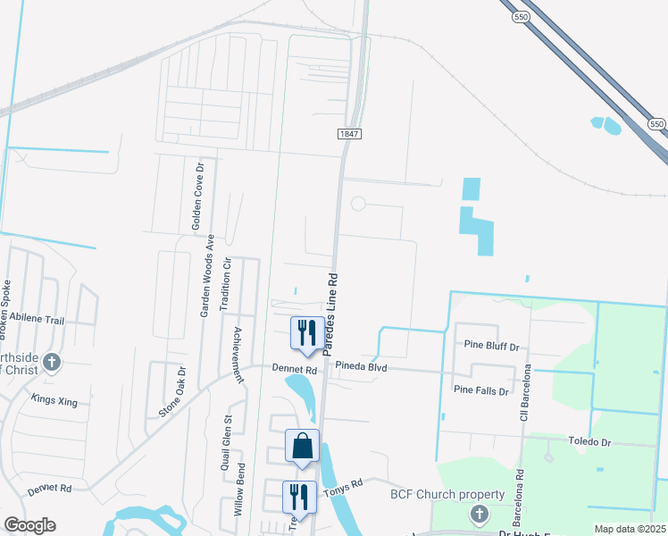 map of restaurants, bars, coffee shops, grocery stores, and more near Farm to Market Road 1847 in Brownsville
