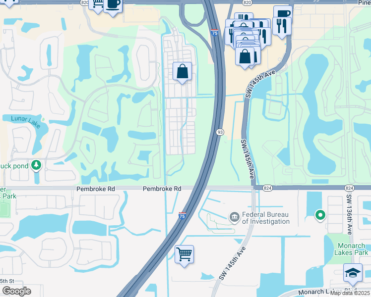 map of restaurants, bars, coffee shops, grocery stores, and more near 14607 Southwest 15th Street in Pembroke Pines