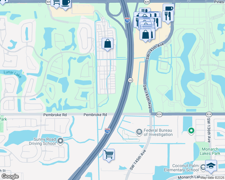 map of restaurants, bars, coffee shops, grocery stores, and more near 14607 Southwest 15th Street in Pembroke Pines