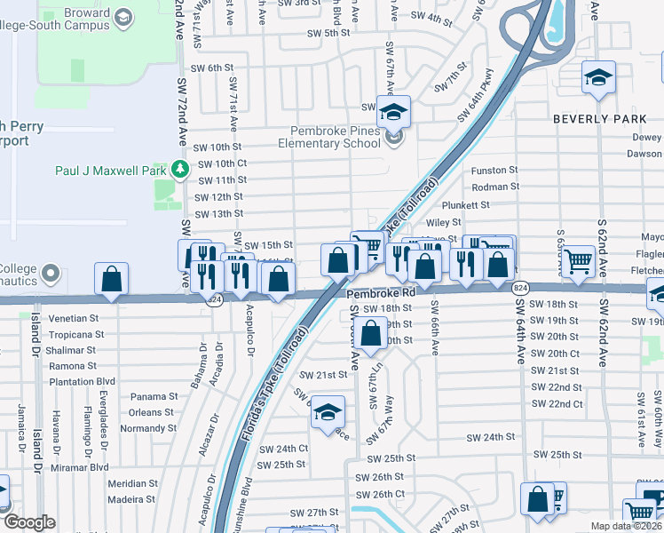 map of restaurants, bars, coffee shops, grocery stores, and more near 6820 Southwest 16th Street in Pembroke Pines