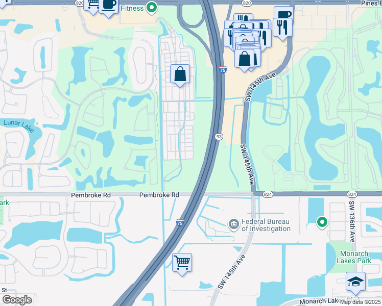 map of restaurants, bars, coffee shops, grocery stores, and more near 14607 Southwest 15th Street in Pembroke Pines